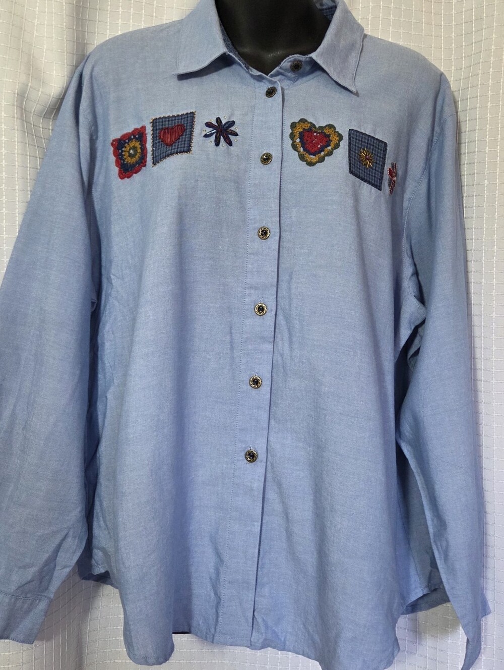 Koret City Blues Shirt Chambray Embroidered Size XL Vintage Cottage Core Grandma